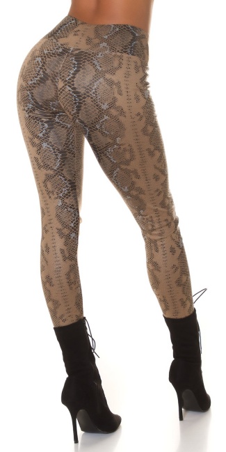 Highwaist faux leather Leggings with Snake print Brown